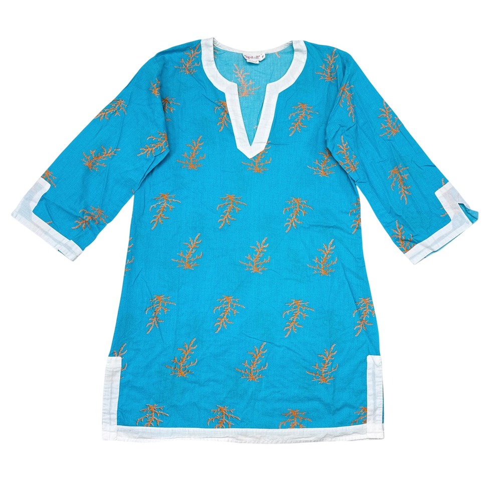 Top‎ It Off Beach Coverup Size Small Blue Tunic Dress Coral Print Blue Casual